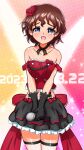  1girl akaboshi_koume back_bow bare_shoulders birthday black_ribbon black_skirt blue_eyes bow brown_hair commentary cowboy_shot dated earlobe1514366 frilled_skirt frills girls_und_panzer hair_ribbon half-closed_eyes highres holding holding_microphone idol large_bow looking_at_viewer microphone midriff miniskirt multicolored_background navel neck_ribbon official_alternate_costume open_mouth red_bow red_shirt ribbon shirt short_hair skirt sleeveless sleeveless_shirt smile solo sparkle spotlight standing strap_slip thigh_strap tower_records wavy_hair 