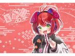  1girl :d akane_canna akane_canna_(2nd_costume) animal_ear_headphones animal_ears antenna_hair black_coat blush coat commentary_request dog fake_animal_ears fang green_eyes hair_between_eyes headphones highres holding_mahjong_tile letterboxed long_sleeves looking_at_viewer mahjong mahjong_tile medium_bangs multicolored_hair nanashi_inc. open_mouth outline purple_hair red_hair reona_kfc02 short_hair smile solo streaked_hair two-tone_coat two-tone_hair upper_body white_coat white_outline wing_hair_ornament zipper 