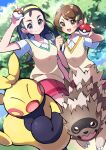  2girls :d absurdres black_hair blush brown_eyes clenched_hand collared_shirt commentary_request day eyelashes hairband hands_up highres holding holding_poke_ball long_hair looking_at_viewer makuhita multiple_girls open_mouth outdoors pleated_skirt poke_ball poke_ball_(basic) pokemon pokemon_(creature) pokemon_(game) pokemon_oras pon_yui shirt short_sleeves skirt smile teammates_(pokemon) tongue vest white_shirt yellow_hairband yellow_vest zigzagoon 