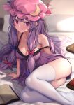  1girl arm_support bare_shoulders blue_bow blush book bow commentary_request dress hair_bow hat highres long_hair looking_at_viewer mob_cap patchouli_knowledge pink_headwear purple_dress purple_eyes purple_hair red_bow sitting solo strap_slip thighhighs thighs touhou very_long_hair white_thighhighs wowoguni 