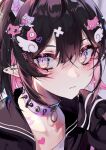  1boy b-kun_(eita_789) bandages black_hair black_jacket blush cat_hair_ornament choker collar collarbone colored_inner_hair earrings eita_789 expressionless eyeshadow gradient_eyes hair_between_eyes hair_ornament head_wings heart heart-shaped_pupils heart_hair_ornament highres jacket jewelry leaning_forward makeup multicolored_eyes multicolored_hair multiple_earrings o-ring o-ring_choker original otoko_no_ko parted_bangs pink_collar pointy_ears portrait shirt short_hair slit_pupils spiked_collar spikes striped striped_jacket symbol-shaped_pupils very_long_sleeves white_shirt 