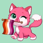  &lt;3 &lt;3_eyes ambiguous_gender big_head blush chibi domestic_cat eyebrows fan_character felid feline felis feral flag fur green_eyes hasbro head_tuft hi_res holding_flag holding_object leg_markings lesbian_pride_colors lgbt_pride lithiumlps littlest_pet_shop mammal markings one_eye_closed pawpads paws pink_body pink_fur pink_nose prick_ears pride_colors smile socks_(marking) solo style_parody tuft walking wink 