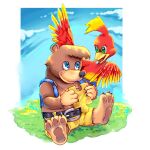  2022 3_toes anthro avian backpack banjo-kazooie banjo_(banjo-kazooie) beak bear belt black_nose blue_eyes bottomwear breegull clothing daww digital_media_(artwork) digital_painting_(artwork) duo eye_contact feathers feet female feral grass green_eyes head_tuft hi_res holding_object jiggy kazooie looking_at_another luo_qiangwei male mammal multicolored_body multicolored_feathers open_beak open_mouth pawpads plant rareware red_body red_feathers shorts sitting sky toes tuft two_tone_body two_tone_feathers wings yellow_bottomwear yellow_clothing yellow_shorts 