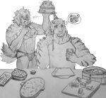  2boys abs animal_ears arknights bara birthday birthday_cake bulge cake character_cake eating facial_hair food furry furry_male goatee greyscale highres holding holding_cake holding_food hung_(arknights) jockstrap kenken19098419 large_pectorals male_focus male_underwear monochrome mountain_(arknights) multiple_boys muscular muscular_male nipples pectorals scar scar_across_eye scar_on_arm short_hair stomach table tail tail_wagging tank_top thick_eyebrows thought_bubble tiger_boy tiger_ears topless_male underwear upper_body yaoi 