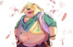  anthro belly belt bird_dog canid canine canis clothed clothing cu_sith_(tas) domestic_dog eyes_closed fur golden_retriever hi_res hunting_dog jacket lifewonders male mammal navel navel_tattoo open_clothing open_jacket open_topwear overweight petals retriever scarf smile solo tengzai05 tokyo_afterschool_summoners topwear yellow_body yellow_fur 
