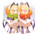  2girls ;d animal_ear_headphones animal_ears araki495 blonde_hair blue_archive blush bow cat_ear_headphones cheek-to-cheek closed_mouth commentary_request fake_animal_ears green_bow green_eyes green_scarf hair_bow halo headphones heads_together highres jacket midori_(blue_archive) momoi_(blue_archive) multiple_girls one_eye_closed purple_eyes red_bow red_scarf scarf siblings sidelocks simple_background sisters smile tatara_(alnath_may) twins upper_body white_jacket 