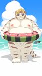  2023 absurd_res anthro beach belly big_belly detailed_background eyewear felid genitals hi_res kemono licho_(tas) lifewonders male mammal micropenis moobs nipples outside overweight overweight_male pantherine penis ptcmtr seaside small_penis solo sunglasses tiger tokyo_afterschool_summoners water white_body 