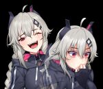  1girl ahoge artist_glove black_background black_gloves blush braid conflicted_steve_harvey_(meme) cropped_hoodie fang gloves grey_hair hair_ornament hairclip hood hoodie horns indie_virtual_youtuber laughing long_hair long_sleeves looking_at_viewer mechanical_horns meme multiple_views one_eye_closed open_mouth partially_fingerless_gloves red_eyes saruei saruei_(vtuber) scar scar_across_eye twin_braids virtual_youtuber 