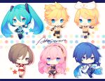  2boys 4girls aqua_eyes aqua_hair aqua_necktie artist_name ashisu_(shisono) black_thighhighs blonde_hair blue_eyes brown_eyes brown_hair chibi detached_sleeves hair_between_eyes hair_ornament hairclip hatsune_miku headphones kagamine_len kagamine_rin kaito_(vocaloid) long_hair looking_at_viewer megurine_luka meiko_(vocaloid) multiple_boys multiple_girls necktie open_mouth pink_hair polka_dot polka_dot_background sailor_collar scarf shirt shoes short_hair shorts single_detached_sleeve skirt smile star_(symbol) thighhighs twintails vocaloid yellow_necktie 