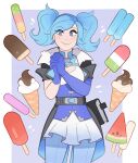  1girl absurdres asymmetrical_gloves blue_eyes blue_gloves blue_hair blue_pants book breasts cleavage commentary cowboy_shot elbow_gloves evie_(paladins) eyes_visible_through_hair food gloves highres ice_cream_cone medium_breasts miniskirt own_hands_clasped own_hands_together paladins pants pants_under_skirt popsicle single_elbow_glove skirt smile solo splashbrush twintails watermelon_bar 