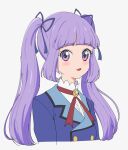  1girl aikatsu!_(series) alternate_hairstyle blue_jacket blue_ribbon blunt_bangs blush cropped_torso hair_ribbon hikami_sumire jacket long_hair looking_at_viewer neck_ribbon open_mouth purple_eyes purple_hair red_ribbon ribbon school_uniform shirt simple_background smile solo starlight_academy_school_uniform twintails upper_body white_background white_shirt yuniwo 