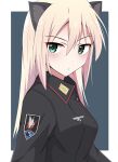  1girl absurdres animal_ears aqua_eyes black_jacket blonde_hair blue_background blush border cat_ears closed_mouth emu_1316 hair_between_eyes heinrike_prinzessin_zu_sayn-wittgenstein highres jacket long_hair looking_at_viewer military_uniform noble_witches outside_border patch shoulder_patch solo two-tone_background uniform white_border world_witches_series 