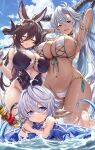  +_+ 3girls :d afloat animal_ear_fluff animal_ears armlet armpits arms_behind_head arms_up barefoot bikini black_one-piece_swimsuit blue_eyes blue_hair blue_sky breasts brown_hair cleavage closed_eyes closed_mouth cloud dark-skinned_female dark_skin day fangs fediel_(granblue_fantasy) flower galleon_(granblue_fantasy) gloves granblue_fantasy grey_hair groin hair_between_eyes hair_flower hair_ornament highres horns huge_breasts innertube ks_(xephyrks) long_hair looking_at_viewer lying multicolored_hair multiple_girls navel on_stomach one-piece_swimsuit open_mouth outdoors pointy_ears red_eyes short_hair sky smile standing streaked_hair swimsuit two-tone_hair wading wamdus_(granblue_fantasy) water water_drop wet white_gloves white_hair 