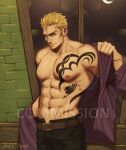  1boy abs absurdres annlu_vazzel bara bare_pectorals blonde_hair chest_tattoo commentary crescent_moon english_commentary fairy_tail feet_out_of_frame highres huge_eyebrows indoors large_pectorals laxus_dreyar long_sideburns looking_at_viewer male_focus moon muscular muscular_male night night_sky nipples open_clothes open_shirt pectorals seductive_smile short_hair sideburns sky smile solo spiked_hair standing stomach tattoo thick_eyebrows undressing 