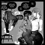  2girls assertive_female asymmetrical_docking black_hair black_necktie black_pants braid braided_ponytail breast_press breasts chainsaw_man collared_shirt delta_commision english_text eye_contact formal frottage girl_on_top high-waist_pants highres large_breasts leg_between_thighs long_hair long_sleeves looking_at_another makima_(chainsaw_man) medium_hair multiple_girls nayuta_(chainsaw_man) necktie office_lady pants red_hair ringed_eyes shirt shirt_tucked_in sidelocks simple_background small_breasts straddling thigh_straddling white_shirt yuri 