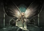  1girl absurdres airy_(bravely_default) bare_shoulders black_gloves bravely_default:_flying_fairy bravely_default_(series) butterfly_wings cross-laced_clothes cross-laced_legwear dress fairy fairy_wings full_body gloves highres long_hair looking_at_viewer minigirl morino0903 pointy_ears short_dress sitting smile solo strapless strapless_dress white_dress white_hair wings 