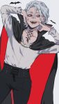  1boy ametaro_(ixxxzu) bat_(animal) black_cloak black_pants boku_no_hero_academia cloak ear_piercing grey_hair highres male_focus open_mouth pants piercing red_eyes shigaraki_tomura shirt shirt_tucked_in short_hair solo stitched_neck stitches vampire_costume white_shirt wrinkled_skin 