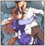  1boy 1girl animal_ears back_bow bed_sheet blush bow breasts brown_hair brown_pants closed_eyes closed_mouth cowboy_shot dress_shirt english_commentary hair_between_eyes highres horse_ears horse_girl horse_tail hug ido_(teketeke) medium_breasts multicolored_hair on_bed pants pleated_skirt purple_serafuku purple_shirt purple_skirt purple_thighhighs school_uniform serafuku shirt shirt_partially_tucked_in skirt sparkle streaked_hair symboli_rudolf_(umamusume) tail thighhighs tracen_school_uniform trainer_(umamusume) umamusume white_bow white_hair white_shirt winter_uniform 