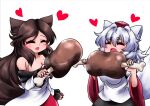  2girls :d animal_ear_fluff animal_ears black_skirt blush boned_meat breasts brown_hair cleavage closed_eyes commentary_request cowboy_shot dress eating fingernails food fuuren_udon good_meat_day hat heart holding holding_food imaizumi_kagerou inubashiri_momiji large_breasts long_hair meat medium_bangs medium_breasts multiple_girls off-shoulder_dress off_shoulder open_mouth red_brooch red_headwear red_nails sharp_fingernails shirt short_hair simple_background skirt smile tail tokin_hat touhou very_long_hair white_background white_dress white_hair white_shirt wolf_ears wolf_girl wolf_tail 