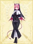  1girl black_gloves boots breasts chain_paradox cocytus_(wind_master) demon_girl demon_horns demon_tail demon_wings full_body gloves habit high_heel_boots high_heels highres horns jewelry large_breasts looking_at_viewer low_wings necklace nun own_hands_together pink_eyes pink_hair short_hair smile solo tail wings 