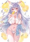 1girl animal_ear_fluff animal_ears bare_shoulders bikini blush braid breasts choker cleavage closed_mouth collarbone cowboy_shot criss-cross_halter food food_in_mouth fox_ears fox_girl fox_tail fruit hair_between_eyes halterneck highres holding large_breasts light_purple_hair long_hair long_sleeves looking_at_viewer mouth_hold navel off_shoulder orange_(fruit) orange_slice original red_eyes side_braid skindentation sleeves_past_wrists smile solo stomach swimsuit tail thighs very_long_hair water_drop white_background white_bikini white_choker yatanukikey 