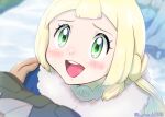  1girl blonde_hair blue_coat blunt_bangs blush coat crying crying_with_eyes_open derivative_work eyelashes green_eyes h_renah happy lillie_(pokemon) long_hair looking_up open_mouth pokemon pokemon_(anime) pokemon_journeys screencap_redraw smile snow tears teeth upper_teeth_only winter_clothes winter_coat 