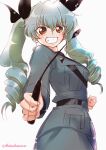 1girl anchovy_(girls_und_panzer) anzio_military_uniform backlighting belt black_belt black_necktie black_ribbon black_shirt brown_eyes clenched_hand cowboy_shot dress_shirt drill_hair from_side girls_und_panzer green_hair grey_jacket grey_pants grin hair_ribbon holding_riding_crop jacket long_hair long_sleeves looking_at_viewer military_uniform nakasawa_kei necktie pants ribbon riding_crop sam_browne_belt shirt simple_background smile solo standing twin_drills twintails twitter_username uniform white_background wing_collar 
