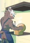  anthro apron asian_clothing black_body black_fur butt canid canine canis clothing cooking cooking_pot domestic_dog east_asian_clothing facial_scar fundoshi fur hair hi_res japanese_clothing kitchen_utensils ladle lifewonders male mammal ruentn scar solo tadatomo tokyo_afterschool_summoners tools underwear white_hair 