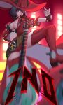  1girl black_hair boots breasts character_name cleavage electric_guitar fingerless_gloves gloves green_eyes guilty_gear guilty_gear_strive guitar hat highres i-no instrument k_irvine3 looking_at_viewer medium_breasts mole mole_above_mouth navel red_footwear red_headwear red_leather red_lips short_hair short_sleeves sunglasses thigh_boots venus_symbol witch_hat 