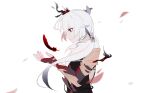  1girl closed_mouth feathers fingerless_gloves fu_hua fu_hua_(herrscher_of_sentience) fu_hua_(valkyrie_accipiter) gloves highres honkai_(series) honkai_impact_3rd long_hair official_alternate_costume red_eyes simple_background solo suisen_100 upper_body white_background white_hair 
