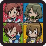  4girls black_eyes black_headphones black_hoodie blush bottle brown_eyes brown_hair burger coffee collarbone collared_shirt condensation cup drinking_straw drinking_straw_in_mouth earrings food german_text grey_hair hair_ornament headphones holding holding_bottle holding_cup holding_food hood hoodie hyodo_rena idolmaster idolmaster_cinderella_girls jewelry mcdonald&#039;s mizuki_seira multiple_girls one_eye_closed open_mouth red_nails rounded_corners shirt short_hair steam striped striped_shirt tada_riina takagaki_kaede translation_request triangle_earrings vertical-striped_shirt vertical_stripes water_bottle watson6 