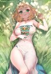 1girl armlet bare_shoulders blonde_hair blush bracelet breasts circlet cleavage commentary_request dress earrings grass green_eyes highres hong_(white_spider) jewelry looking_at_viewer lying medium_breasts necklace on_back open_mouth parted_bangs pointy_ears princess_zelda short_hair smile solo the_legend_of_zelda the_legend_of_zelda:_tears_of_the_kingdom thighs white_dress 