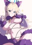  1girl 85b0927 animal_ear_fluff animal_ears blue_archive blue_eyes blush breasts cosplay double_v elbow_gloves fate/grand_order fate_(series) fur-trimmed_gloves fur_collar fur_trim gloves halloween_costume halo headset highres large_breasts long_hair looking_at_viewer mash_kyrielight mash_kyrielight_(dangerous_beast) mash_kyrielight_(dangerous_beast)_(cosplay) parted_lips purple_gloves purple_tail revealing_clothes simple_background solo sparkle tail toki_(blue_archive) v very_long_hair white_background 