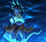  absurd_res angry anthro bizra_(voirath) clothed clothing cloud dragon electricity electricity_manipulation elemental_manipulation female glowing glowing_eyes glowing_horn hi_res horn lightning menace partially_clothed solo storm thick_thighs thunder trifeagon voirath 