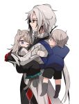 1boy 2girls aged_down animal_ears arlecchino_(genshin_impact) black_eyes black_hair blonde_hair blush brother_and_sister carrying carrying_person cat_ears cat_girl cat_tail child facing_to_the_side genshin_impact highres long_hair looking_at_another looking_at_viewer low_ponytail lynette_(genshin_impact) lyney_(genshin_impact) multicolored_eyes multicolored_hair multiple_girls one_eye_closed purple_eyes red_eyes satorigame siblings symbol-shaped_pupils tail twins white_background white_hair x-shaped_pupils 