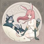  1other 2girls afk_arena animal animal_ears aqua_cloak aqua_eyes aqua_gloves arrow_(projectile) dress elbow_gloves gloves grey_hair highres hongyatta ira_(afk_arena) korean_commentary long_hair lyca_(afk_arena) multiple_girls quiver rabbit_ears red_eyes red_hair sitting sleeveless tail twitter_username white_dress 