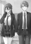  1boy 1girl belt belt_buckle blazer blurry blurry_background blush breasts buckle character_request closed_mouth collared_shirt depth_of_field diagonal-striped_necktie hair_between_eyes hamu_(plot_sy) hand_up hetero highres holding_hands indoors jacket light_smile long_hair long_sleeves medium_breasts open_clothes open_jacket pants plaid plaid_skirt pleated_skirt puffy_long_sleeves puffy_sleeves school_uniform shimizu_kei shirt skirt sleeves_past_wrists sweat tonari_no_seki_no_yankee_shimizu-san_ga_kami_wo_kuroku_somete_kita very_long_hair 