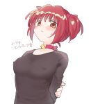  1girl :&lt; arm_behind_back arm_grab bell blush brown_eyes commentary_request hs1122 jingle_bell looking_at_viewer momomiya_ichigo nipples no_bra pink_hair simple_background solo sweatdrop sweater tokyo_mew_mew translation_request upper_body white_background 