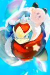  absurdres blue_background blue_eyes blush_stickers colored_skin diamond_(shape) hammer highres higuchi_megumi holding holding_hammer king_dedede kirby kirby_(series) kirby_64 looking_at_viewer no_humans pink_skin solid_oval_eyes star_(symbol) 