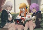  3girls :d ahoge bare_shoulders bernadetta_von_varley black-framed_eyewear black_jacket black_tank_top blue_hoodie blunt_bangs coat commentary computer danganronpa_(series) danganronpa_2:_goodbye_despair feet_out_of_frame fire_emblem fire_emblem:_three_houses flower_pot fur_trim garreg_mach_monastery_uniform green_coat grey_hair grey_skirt hair_between_eyes headphones highres holding holding_flower_pot hood hoodie ihsnet indoors jacket juliet_sleeves laptop long_hair long_sleeves mario_(series) miniskirt multiple_girls nanami_chiaki off_shoulder open_mouth orange_hair own_hands_together persona persona_5 pink_ribbon piranha_plant pleated_skirt puffy_sleeves purple_eyes purple_hair ribbon sakura_futaba shirt short_hair skirt smile tank_top trait_connection white_shirt 