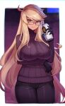  1girl alma_armas arm_under_breasts black-framed_eyewear black_gloves black_pants blonde_hair breasts brown_eyes closed_mouth dark-skinned_female dark_skin glasses gloves highres large_breasts long_hair long_sleeves pants psidubs ribbed_sweater smile solo sweater twitter_username va-11_hall-a 