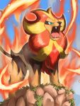 absurdres commentary_request day fangs fire green_eyes highres jira_(ziraiya26) no_humans open_mouth outdoors pokemon pokemon_(creature) pyroar pyroar_(male) solo standing tongue 