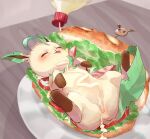  blush cheese closed_eyes eevee food full_body happy highres indoors leafeon lying no_humans on_back plate pokemon pokemon_(creature) salad sandwich sandwiched sexually_suggestive suggestive_fluid tomato tomato_slice tongue tongue_out yuihan-nyanchu 