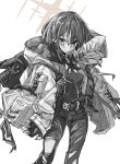  1girl backpack bag belt blue_archive closed_mouth earrings greyscale halo highres hood hooded_jacket jacket jewelry jitaso long_sleeves looking_at_viewer misaki_(blue_archive) monochrome open_clothes open_jacket pants short_hair solo standing stud_earrings torn_clothes torn_pants upper_body white_background 