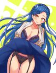  1girl :p adjusting_bra adjusting_clothes ass_visible_through_thighs asymmetrical_bangs black_garter_belt black_panties blue_hair blue_skirt blush bra braid breasts cleavage closed_mouth clothes_lift commission cougar_(cougar1404) dutch_angle garter_belt grey_shirt high_collar honzuki_no_gekokujou juliet_sleeves long_hair long_sleeves looking_at_viewer medium_breasts medium_skirt myne_(honzuki_no_gekokujou) open_clothes open_shirt panties puffy_sleeves shirt skeb_commission skirt skirt_lift smile solo standing thigh_gap tongue tongue_out underwear wind wind_lift yellow_eyes 