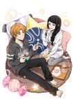  1boy 1girl bad_source barefoot black_eyes black_hair black_pants brother_and_sister bungou_stray_dogs candy chips_(food) cup fingernails food holding holding_cup long_sleeves mole mole_under_eye official_art orange_hair pajamas pants pillow siblings smile star_(symbol) star_pillow tanizaki_junichirou_(bungou_stray_dogs) tanizaki_naomi teapot toenails toes transparent_background 