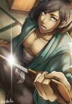  brown_hair foreshortening ishikawa_goemon_xiii japanese_clothes lens_flare lower_teeth_only lupin_iii male_focus mochiko_(33color) muscular muscular_male open_mouth short_hair sideburns signature sitting solo sword tatami teeth weapon 