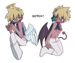  1boy angel_and_devil angel_wings bakusou_kyoudai_let&#039;s_&amp;_go!! ball_gag bandaid bandaids_on_nipples blonde_hair blue_eyes blue_shirt boots bright_pupils clothes_lift condom condom_in_mouth dark-skinned_male dark_skin demon_horns demon_tail demon_wings gag green_headband halo headband highres horns j_(let&#039;s_&amp;_go) kneeling midriff mouth_hold navel pants pasties shirt shirt_lift sleeveless sleeveless_shirt tail tears white_background white_footwear white_pants white_pupils wings yamada_the_man yellow_halo 