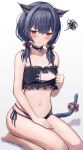  1girl absurdres animal_ears bare_legs barefoot bikini bikini_tug black_bikini black_choker blue_hair blush bow cat_cutout cat_ears cat_tail choker clothing_cutout collarbone dark_blue_hair fake_animal_ears flat_chest frilled_bikini frills hair_bow hand_on_own_thigh highres idolmaster idolmaster_shiny_colors looking_down masuku_(saint_mask) morino_rinze navel pout red_eyes seiza short_twintails side-tie_bikini_bottom simple_background sitting solo squiggle swimsuit tail twintails white_background 