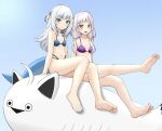  2girls alternate_costume barefoot bikini blue_background blue_bikini blue_eyes blue_hair blue_nails blunt_bangs breasts character_request closed_mouth commentary_request feet gawr_gura green_eyes grey_hair hair_ornament highres hololive hololive_english legs light_purple_hair looking_at_viewer multicolored_hair multiple_girls murasaki_shion nail_polish navel open_mouth orange_eyes purple_bikini purple_nails shark_hair_ornament sidelocks sitting small_breasts soles spread_toes streaked_hair swimsuit tamagotozi3420 thighs toenail_polish toenails toes twintails twitter_username two-tone_eyes two_side_up virtual_youtuber 